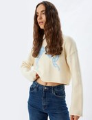 Resim Oversize Crop Kazak Fiyonk Desenli Bisiklet Yaka Uzun Kollu 