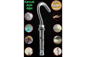 Resim Kancalı Çelik Dübel M8 Salıncak Boks Torbası Avize Için Gömlekli Açık Ağız Kanca 5 Adet 