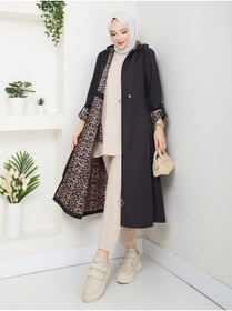 Resim RACE FASHİON Leopar Desenli Bondit Kumaş Beli Lastikli Kapüşonlu Tesettür Trençkot RC1205010 