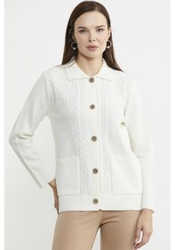 Resim Cep Detaylı Düğmeli Yünlü Triko Hırka - Kemik 001 