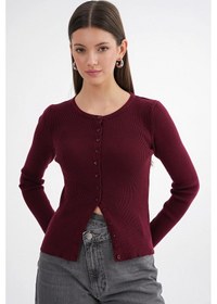 Resim Mixray 6931 Kadın Düğmeli Fitilli Triko Hırka Bordo 