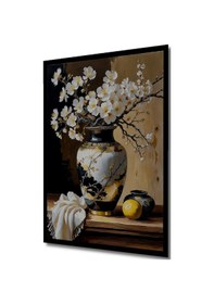 Resim Zarif Beyaz Çiçekli Vazo Ve Limon Yağlı Boya Görünümlü Ahşap Ev,antre,ofis Tablo Çerçeve Görünümlü--- 30 X 40 