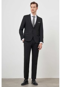 Resim Morven Erkek Siyah Poliviskon Basic Jakar Desen Slim Fit Sivri Yaka Takım Elbise Siyah 