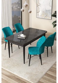 Resim Canisa Concept Arp Serisi, 71x110 Sabit Mutfak Masa Takımı, Siyah Mermer Desen Masa 4 Turkuaz Sandalye Masa Barok Ahşap Desen Sandalyeler Turkuaz 
