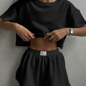 Resim Kadınların Düz Waffle Rahat Dinlenme Takımı, Düşük Omuzlu Kısa Kollu Yuvarlak Yaka Anahtarlık Arka Crop Üst & Yan Yırtma Şort, Rahat Rahat Kesim 