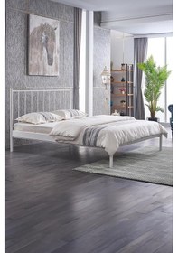 Resim Falez-st Çift Kişilik Metal Karyola-beyaz Yüksek Başlıklı Ahşap Latalı 