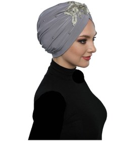 Resim Elysianfidan Kopma Astarlı İşlemeli Açık Gri Sarı Dantel Motifli Hazır Türban Tesettür Abiye Bone Açık Gri - Sarı 