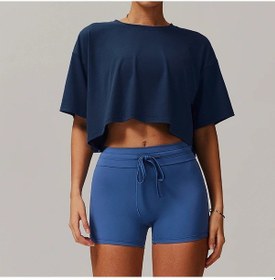 Resim Snapbuy Kadın Pamuk Spor T-shirt - Yoga Koşu Dans Giysi Göbek Baring Üstlacivert Lacivert 