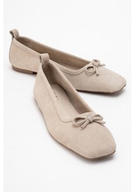 Resim Luvishoes Luvi Shoes Sosa Bej Süet Hakiki Deri Küt Burunlu Fiyonklu Kadın Babet Ayakkabı Bej Süet 