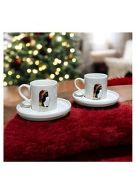 Resim 2 Kişilik Porselen Yılbaşı Penguen Metal Figürlü Kahve Fincan Tak 