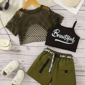 Resim 3 Parça Kız Moda Sokak Stili Dış Giyim Seti: Mektup Baskılı Halter Üst, Şeffaf File Kapak ve Kargo Cep Şortları, Mektup Kemeri Dahil - Nefes Alabilen Polyester, Makine Yıkanabilir, Dış Aktiviteler İçin Uygun 