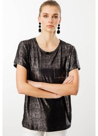 Resim Kadın Sıfır Yaka Düşük Kollu T-shirt Siyah SIYAH 