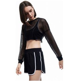 Resim Koton Bisiklet Yaka Uzun Kollu File Crop Spor Tişört Siyah 5sak10292nk Siyah 