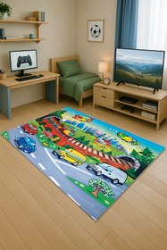 Resim Kessy Home Studio Şirin Taşıtlar Desenli Eğlenceli Oyun Halısı Yıkanabilir Kaymaz Taban Çocuk Odası Halısı 4 