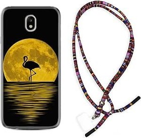 Resim kilifland Samsung Galaxy J7 Pro ile Uyumlu Kılıf Rasta Ipli Boyun Askılı Desenli Silikon Ay Ve Flamingo 1775 