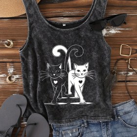 Resim Kadın Kolsuz V-Yaka Kedi Baskılı Atlet - Retro Yıkanmış Mor Tasarım Kar Taneleri ve "Sevimli Kedi" Metni ile, Rahat Yazlık Kıyafet, Kedi Severleri İçin Hediyeler 