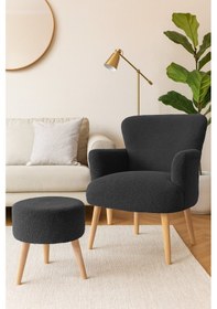 Resim Roma Berjer + Puf Set - Welsoft Yumuşak Kumaş - Ahşap Ayak - Antrasit Antrasit 