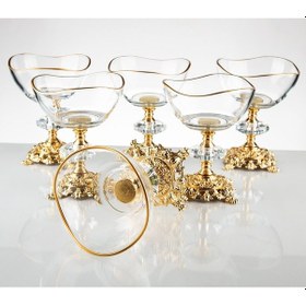 Resim Argkristal Metal Ayaklı Vira Gold Detaylı Sütlü Tatlı Kasesi - Dondurmalık - Çerezlik 6 Lı Altın 