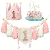 Resim El yapımı Boho Doğum Günü Seti, Papatya Beyaz Pembe Mama Sandalyesi Püskül Alınlık Pankart, Pasta Üstü Süs, Papatya Taç Şapka, Parti Süslemeleri, Oda Süslemeleri, Pasta Patlatma Aksesuarları içerir. 