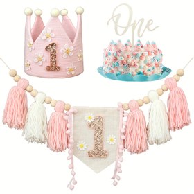 Resim El yapımı Boho Doğum Günü Seti, Papatya Beyaz Pembe Mama Sandalyesi Püskül Alınlık Pankart, Pasta Üstü Süs, Papatya Taç Şapka, Parti Süslemeleri, Oda Süslemeleri, Pasta Patlatma Aksesuarları içerir. 