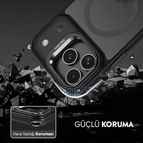 Resim Babilden iPhone 17 Pro için Kılıf Kamera Korumalı Magsafe Wireless Şarj Özellikli Mat Şeffaf Renkli Standlı Kılıf Lens Hediyeli Siyah 