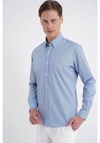 Resim Slim Fit Yaka Düğmeli Baskılı Pamuklu Mavi Gömlek G 1606 