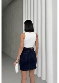 Resim Dar Kalıplı Normal Belli Cepli Ve Astarsız Kısa Boy Kadın Kot Etek Mini Slaplı Lacivert Denim Slaplı Lacivert 