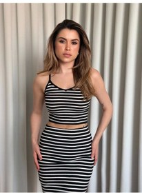 Resim Çizgili Etek Crop Takım Siyah 