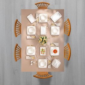 Resim Emsan Fine Bone 60 Parça 12 Kişilik Gold Desenli Kare Yemek Takımı Beyaz Malzeme 