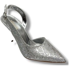 Resim Mengi 685-26 Parlak Simli Saten İnce Topuk Arkası Açık Kadın Stiletto 9cm GÜMÜŞ 