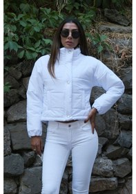Resim Keyifli Moda Kadın Beyaz Dik Yaka Çıtçıtlı Fermuarlı Kısa Şişme Mont - 38 Beyaz 