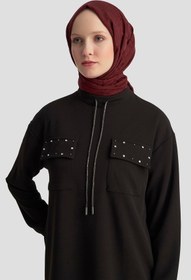 Resim Armine TREND Cep Kapağı Taş Detaylı Taşlı Bağcıklı Crep Tunik Siyah 25KT451 