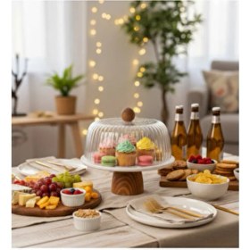 Resim 25 cm Beyaz Mermer Fanuslu Kek Standı Natürel Ayaklı Yuvarlak Desenli 2 Adet 