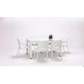 Resim Rattan Camlı Lüx Beyaz Masa Takımı 90x150 Dikdörtgen Masa+6 Sandalye Bahçe Balkon Teras Beyaz 
