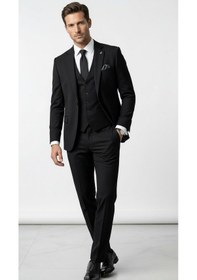 Resim Erkek 3 Parça Slim Fit Takım Elbise Klasik Likralı Kumaş, Tek Düğme, Çift Yırtmaçlı Modern Kesim Ceket Yelek Pantolon Siyah 
