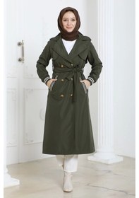 Resim Bondit Kumaş Ribanalı Uzun Boy Trençkot / Haki - M0110 Haki 