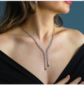 Resim Damla Başak Modeli Yeşil Zirkon Taşlı Sarkıt Gümüş Set Gümüş 