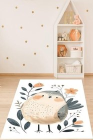 Resim Pelangi Beyaz Zeminde Sevimli Kuş Desenli Yıkanabilir Kaymaz Taban Leke Tutmaz Çocuk Odası Halısı, Gri-Beyaz 80 x 150 