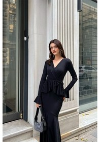 Resim Kruvaze Yaka Volan Detaylı Uzun Elbise Siyah 