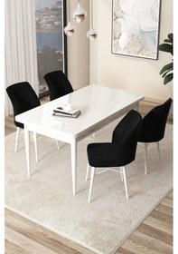 Resim Canisa Arp Serisi, Beyaz Masa 71x110 Sabit Yemek Odası Takımı, 4 Siyah Sandalye Beyaz Masa Sandalye Siyah 