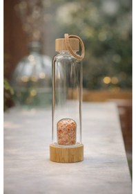 Resim Sarı Adventurin Doğal Taş Bambu Kapaklı Cam Su Matarası - 550 Ml - Özel Kılıflı Beyaz 