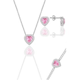 Resim Gümüş Rodyumlu Pembe Taşlı Pırlanta Modeli Kalp Kolye, Küpe, Bileklik Üçlü Set 