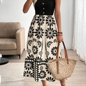 Resim Kadınlar için şık çiçek desenli maxi elbise - Kolsuz A-Line bahar/yaz elbisesi, bel sıkıştırma tasarımı, siyah ve beyaz çiçek deseni, rahat veya resmi etkinlikler için mükemmel, estetik elbise 