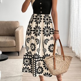 Resim Kadınlar için şık çiçek desenli maxi elbise - Kolsuz A-Line bahar/yaz elbisesi, bel sıkıştırma tasarımı, siyah ve beyaz çiçek deseni, rahat veya resmi etkinlikler için mükemmel, estetik elbise 