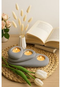 Resim 3 Lü Tealight Mumluk Taş Görünüm Set Doğal Ve Dekoratif & Hediyelik Gri 