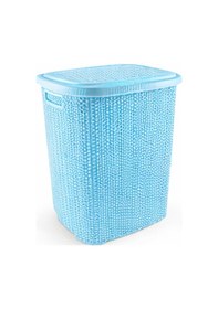 Resim Kirli Çamaşır Sepeti Kapaklı 65 Lt Örgü Desenli Plastik Çamaşır Sepeti Banyo Sepeti - Mavi 