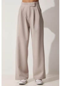 Resim Trend Alisse Beli Cırtlı Pileli Bol Paça Palazzo Kadın Pantolon Bej 