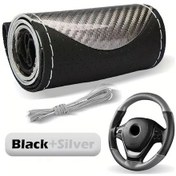 Resim Meridiangoods Siyah Gümüş Karbon Fiber Spor Direksiyon Kılıfı 38cm Evrensel Dikişli Siyah+gümüş 