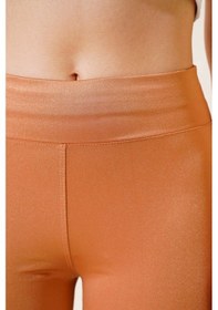 Resim Esnek Yüksek Bel Taba Uzun Parlak Disco Tayt Taba 