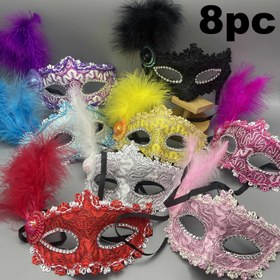 Resim 8'li Paket Şık Tüy Yan Maske - Çok Renkli & Siyah Dantel Tasarımlı Plastik Maskarad Partileri, Temalı Etkinlikler İçin Hafif ve Dayanıklı Parti Aksesuarları, Festivallere Uygun Dekoratif Süslemeler 